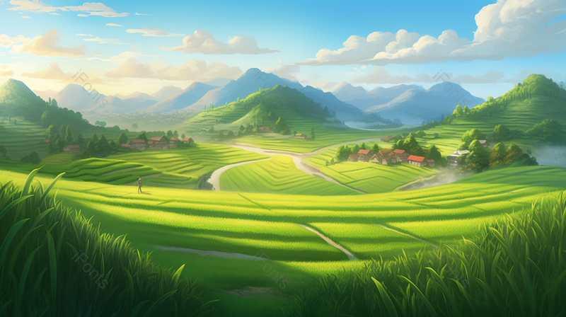 辽阔天空农场绿色梯田田园风光大场景,插画/手绘图,插画/手绘图库,插画/手绘图下载,插画/手绘